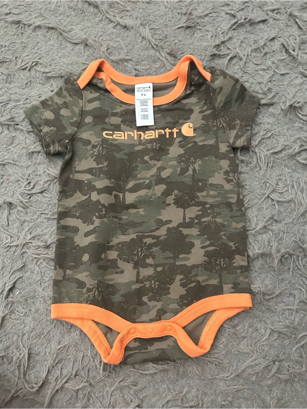 Carhartt Olive Camo Baby Bodysuit with Orange Trim